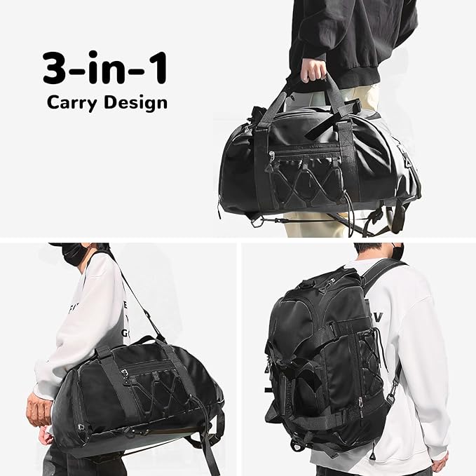 30L Gym Duffel Bag Backpack with Shoe Compartment for Men, Overnight Bag with Wet Pocket for Adults, Black