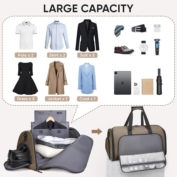 BALEINE Convertible Travel Garment Bag, Travel Suit Bag for Men, 2 in 1 Carry on Garment Bag for Hanging Clothes, Garment Duffel Bag for Travel Business (Brown)