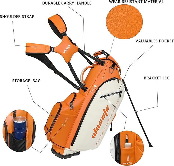 WOSOFE PU Golf Bag with 6/14 Way Top Dividers Automatically Adjustable Dual Straps Elegant Design for Men Women Pu Golf Stand Bag with Multiple Pockets
