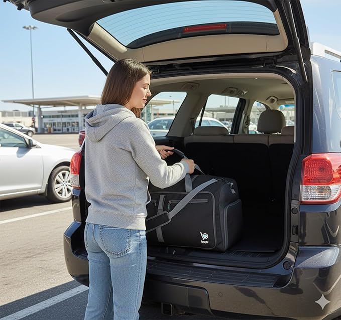 Bago Foldable Duffel Bags for Traveling Women & Men - 60L Medium Packable Duffle Bag for Travel with Shoe Compartment - Water Repellant, Heavy Duty, Lightweight Folding & Collapsible (Black)