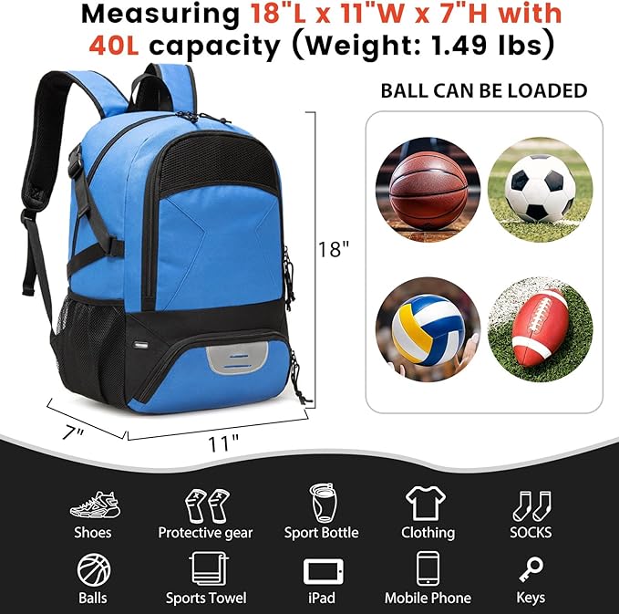 Basketball Backpack - Large Sports Equipment Bag with Ball Holder & Shoe Compartment for Basketball. (blue)
