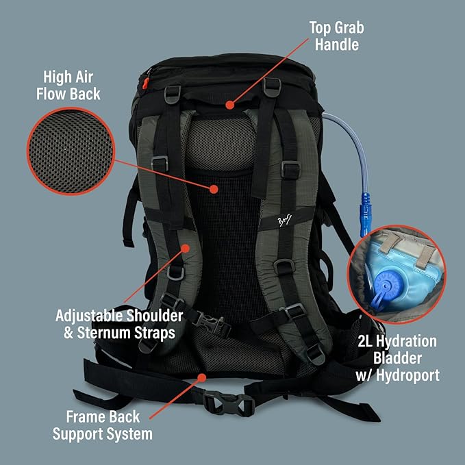 Bear Grylls 45L Hiking Hydration Backpack, Day Pack With 2L Water Bladder, Lightweight and Perfect for Camping, Running, Cycling, Mountain Biking, Skiing, Snowboarding For Men and Women - Black