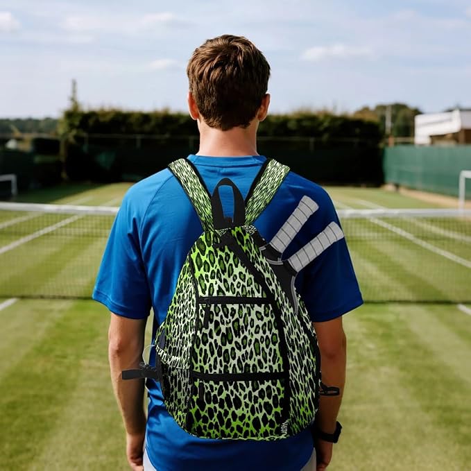 Brown Leopard Print Premium Nylon Pickleball Backpack, 3-in-1 Convertible Shoulder Crossbody Sling Bag for Women Men, Lightweight Bag Fits 2-4 Pickleball Paddles & Tennis Sports Gear