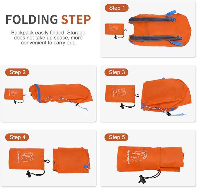 20L Hiking-Daypack Lightweight Foldable Travel Packable Backpack for Camping Cycling Outdoor, Orange
