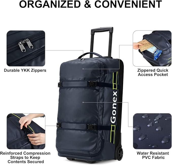Gonex Rolling Duffle Bag with Wheels, 70L Water Repellent Wheeled Travel Duffel Luggage with Rollers 25 inch, Navy
