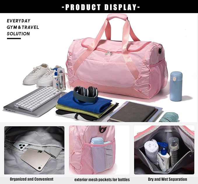 Gym Bag for Women Men Duffle Bag for Travel with Shoes Compartment and Wet Pocket Small Carry on Weekender Bags for Sports Overnight Fitness Yoga Dance Workout Swimming Hospital Tote (Pink)