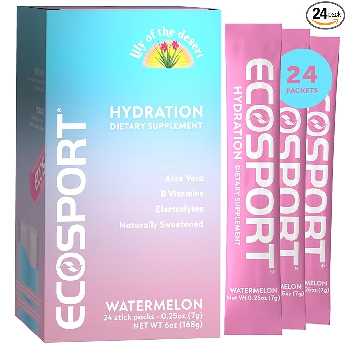 EcoSport Instant Hydration Packets, Watermelon – Electrolytes, Vitamin C, B Vitamins & Aloe Vera, 24 Stick Packs/Box, 0.25 Oz Ea