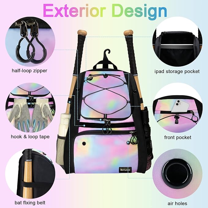 Youth Baseball Bag with Vented Shoe Compartment, Softball Bat Bag for Batting Mitten, Helmet, Teeball Gear - Adult Boys Girls Kids