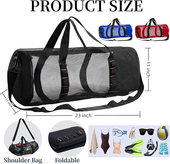 Diving Scuba Surfing Snorkeling Dive Mesh Beach Bag Duffle Bags with Zipper and Adjustable Shoulder Strap 43L and 113L Options for Travel Fitness Camping Swim Gym Gears Balls