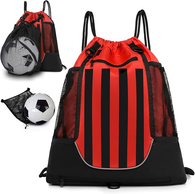 KAEGREEL Drawstring Soccer Bag Basketball Backpack for Kids Teens, Foldable Sports Bags Detachable Ball Mesh Bag for Gym Yoga Football Baseball
