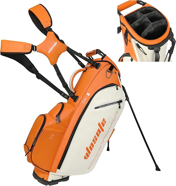 WOSOFE PU Golf Bag with 6/14 Way Top Dividers Automatically Adjustable Dual Straps Elegant Design for Men Women Pu Golf Stand Bag with Multiple Pockets