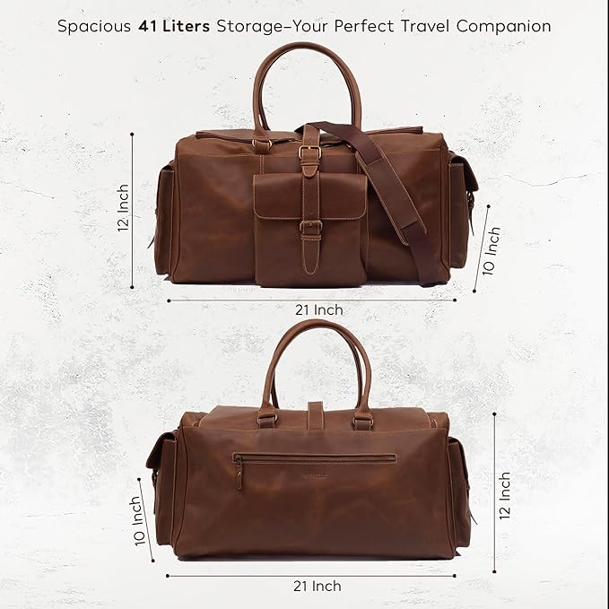 Premium Leather Duffle Bag for Travel (21 Inches) | Leather Travel Bag with Adjustable Shoulder Strap - Large, Weekend Overnight Luggage Bag for Men & Women (Brown)