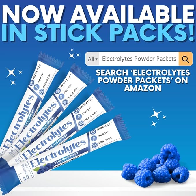 Zero Sugar - Blue Raspberry Electrolytes Powder - Refreshing Hydration - Caffeine Free Energy - All Natural Ingredients - Vegan, Keto and Paleo - Sugar Free Electrolyte Powder Drink Mix - 15 count