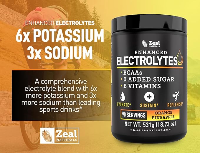 Zeal Electrolyte Powder - 90 Servings | Keto Electrolytes Powder | Zero Sugar, BCAAs, B-Vitamins | Potassium, Zinc, Magnesium | Hydration Powder Recovery Drink | Orange Pineapple