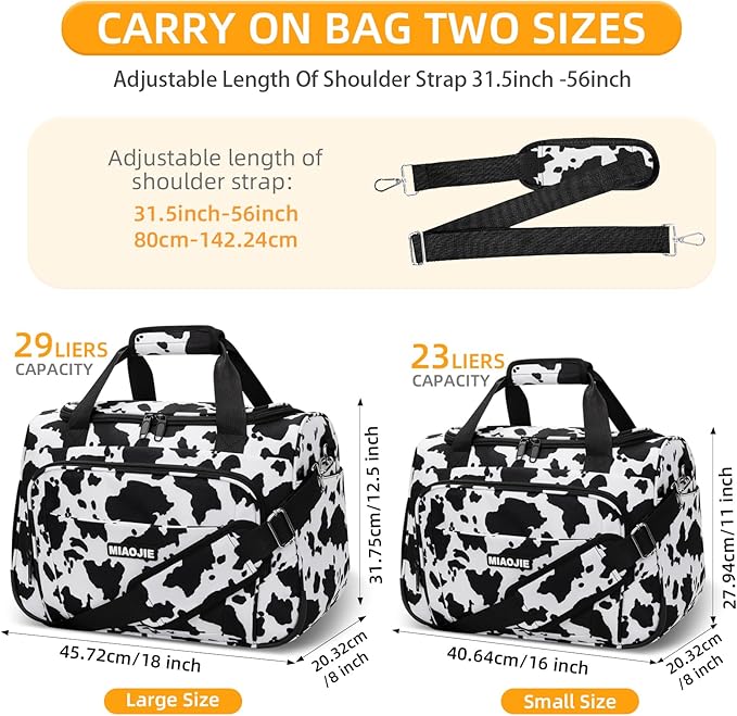 Underseat Carry On Luggage Lightweight Travel Tote Weekender Bag Overnight Duffle Bag for Travel, Travel Essentials Personal Item Travel Bag for Women and Men, Cow Pattern-16Inch