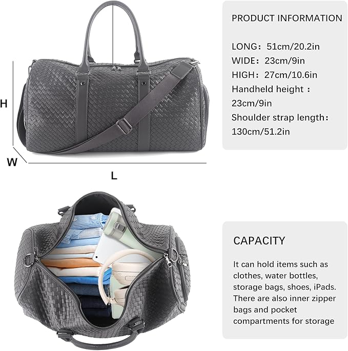 Weekender Bags for Women Woven Leather Travel Duffel Bag with Shoe Compartment, Carry On Garment Bag for Men Women, Large Capacity Water-resistant Gym Tote (Gray)
