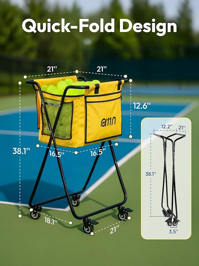 A11N SPORTS Pickleball Tennis Balls Hopper with Side Pocket – Holds 140 Pickleballs or 180 Tennis Balls, Pickleball Caddy with 4 Swivel Wheels, Foldable Frame & Detachable Bag for Training or Coaching