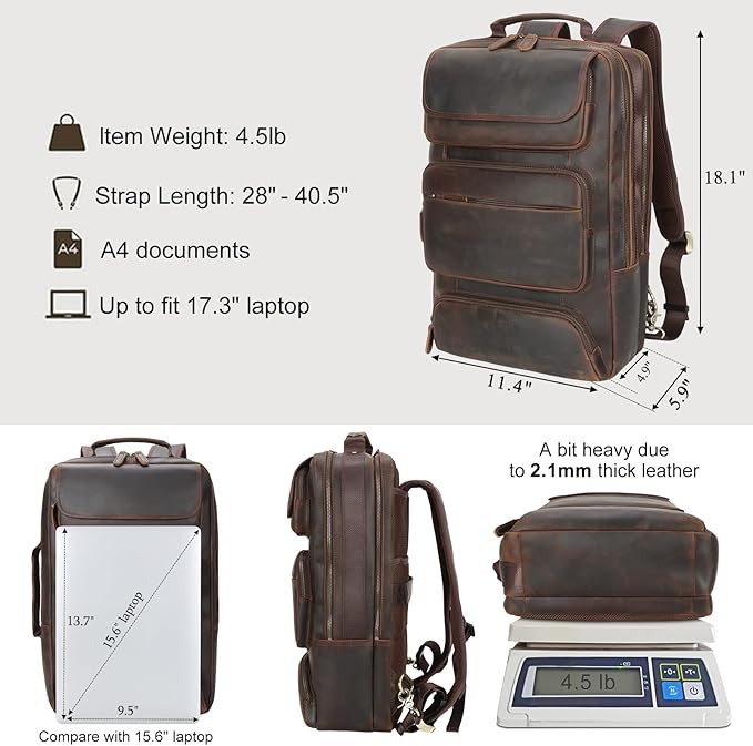 TIDING Full Grain Leather 17.3 Inch Laptop Backpack for Men, Convertible Business Briefcase Weekender Camping Bag Travel Rucksack