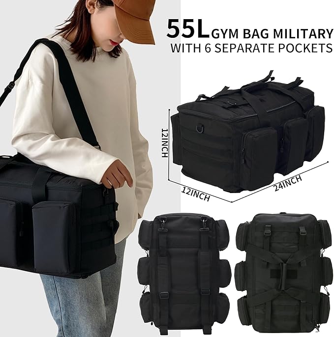 3 In 1 Military Duffel Bag 50L Gym Bag for Men Convertible Weekender Backpack for Sports Travel Basketball