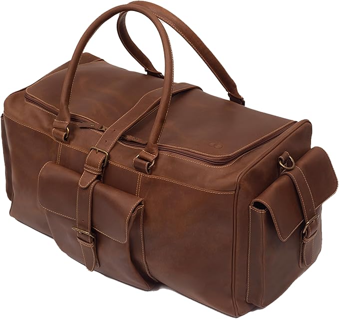 Premium Leather Duffle Bag for Travel (21 Inches) | Leather Travel Bag with Adjustable Shoulder Strap - Large, Weekend Overnight Luggage Bag for Men & Women (Brown)