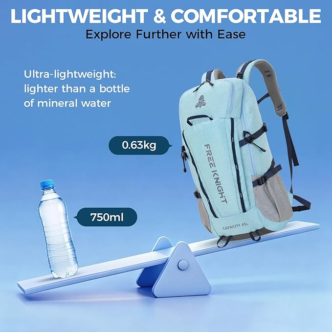 Bseash 45L Waterproof Hiking Camping Backpack with Rain Cover, Outdoor Sport Travel Bag Daypack for Climbing Skiing Cycling (Blue)