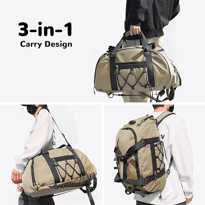 30L Gym Duffel Bag with Shoe Compartment for Men Women, Weekender Bags with Wet Pocket, Khaki