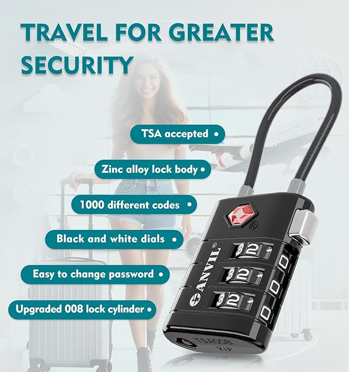 ANVIL TSA Approved Luggage Locks – High Security TSA008 Combination Travel Locks with Inspection Indicator for Suitcases and Backpacks. (1, Black)