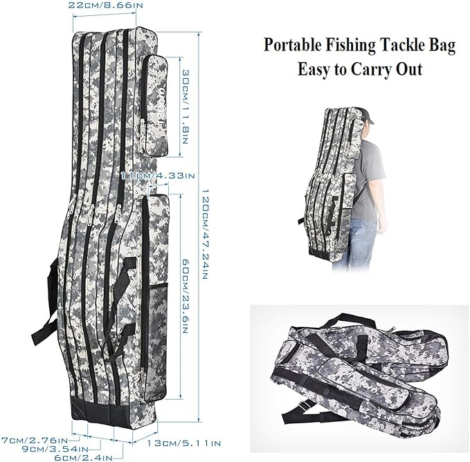3 Layers Fishing Pole Bag,Portable 3 Layers Oxford Folding Rod Carry Case,Fishing Reel Tackle Storage Bag Case
