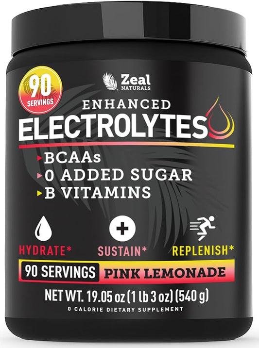 Zeal Electrolyte Powder - 90 Servings | Keto Electrolytes Powder | Zero Sugar, BCAAs, B-Vitamins | Potassium, Zinc, Magnesium | Hydration Powder Recovery Drink | Pink Lemonade