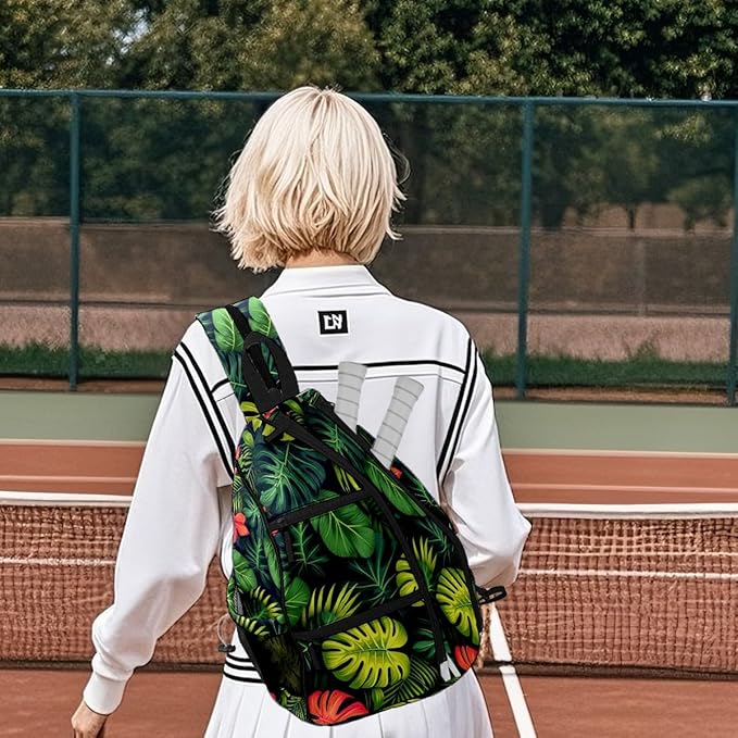 Pickleball Bag Tropical Leaves Pickle Ball Backpack for Women Men Premium Lightweight Crossbody Sling Bag Sports Backpack for Pickleball Paddle Tennis