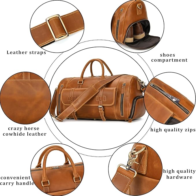 Leather Duffel Bag 20 Inch Full Grain Leather Travel Overnight Weekend Bag for Men and Women, 9802 Light Brown