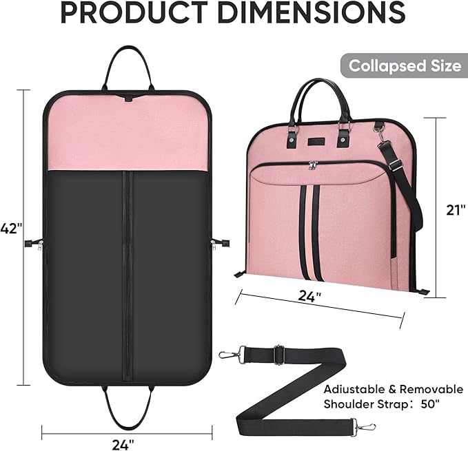 BALEINE Travel Garment Bag, Travel Suit Bag for Men, 42'' Waterproof Carry on Garment Bag for Hanging Clothes, Garment Duffel Bag for Travel Business (Pink)