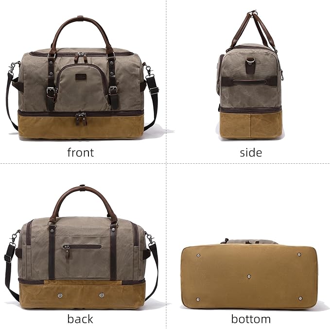 Nerlion Green Large Weekender Overnight Duffel Bag with Shoe Compartment and Leather Accents