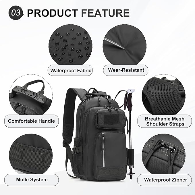 35L Fishing Backpack with Rod Holder, Waterproof Tackle Sling Crossbody Bag with Multi Pocket for Fishing Camping Hunting Hiking, Black