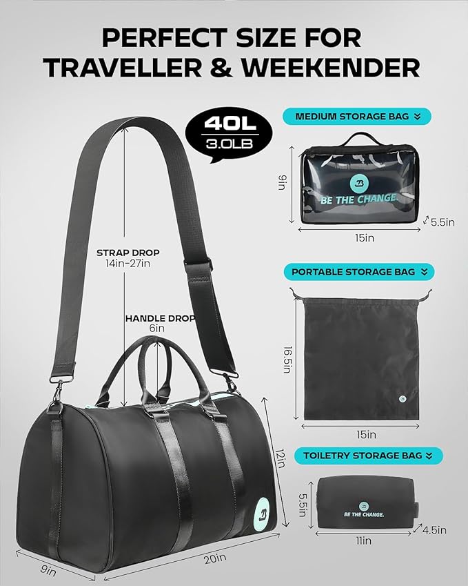 4Pcs/Set Gym Bag Swim Heavy Duty Sports Duffel Bag for Women and Men Waterproof Travel Workout Weekender Bag with 3 Accessory Bags of Wet & Dry Separation Upgrades 2.0 Black&Blue