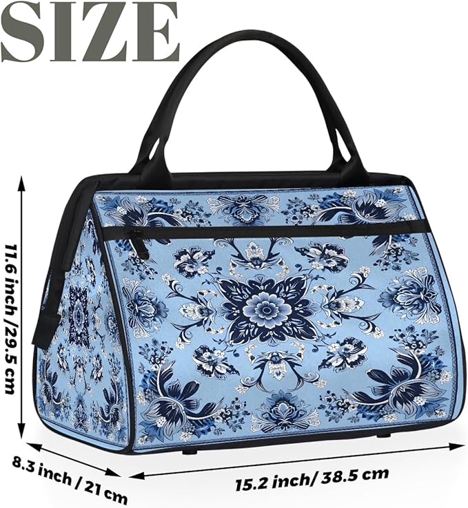 Travel Duffle Bag, Ethnic Mandala Blue Flowers Overnight Weekender Tote Bag for Women Men Waterproof Carry On Luggage with Zipper Lightweight Sport Gym Bag for Traveling Yoga Camping Traveling Gifts