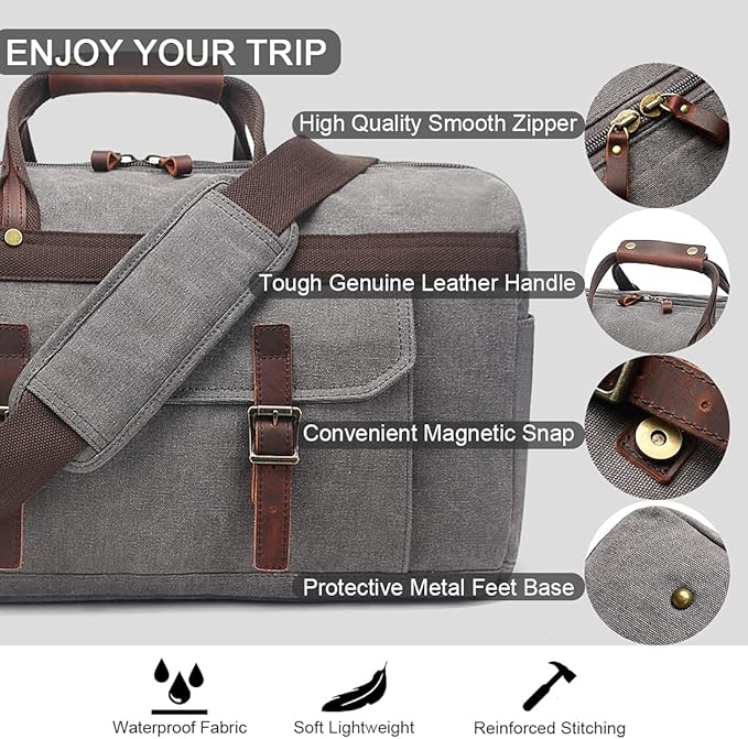 Duffle Bag for Men Waterproof Genuine Leather Canvas Travel Duffel Bags for Women Overnight Weekender Bag for Traveling