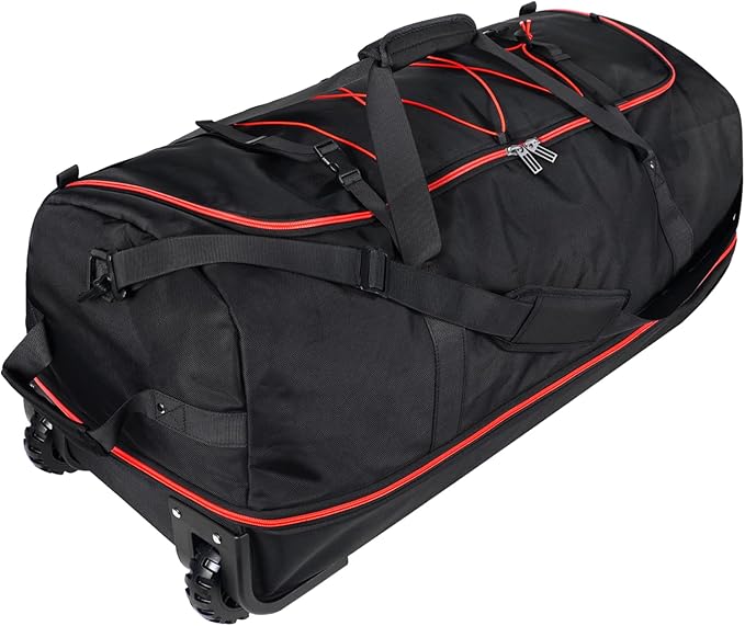 110L/140L Expandable Soft-Sided Foldable Duffle Bag with 2 Rubber Wheels,Packable 32” Rolling Carry-On with Multi-Pockets & Compartments,Black Red