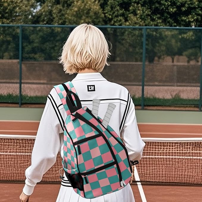 Pickleball Bag Pink Teal Checkered Pickle Ball Backpack for Women Men Premium Lightweight Crossbody Sling Bag Sports Backpack for Pickleball Paddle Tennis