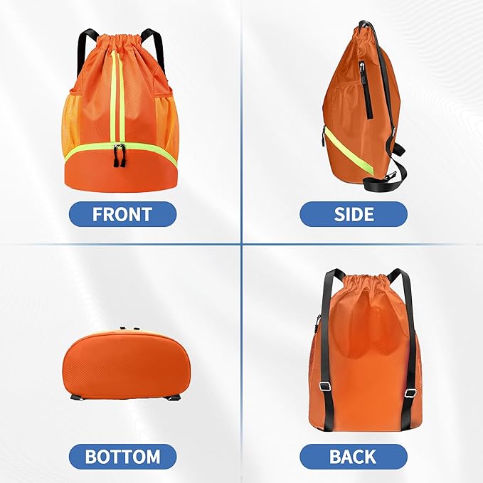Drawstring Backpack Gym Bag with Shoes Compartment for Soccer, Basketball, Swim, Water-Resistant String Backpack Beach Cinch for Women Men, Orange