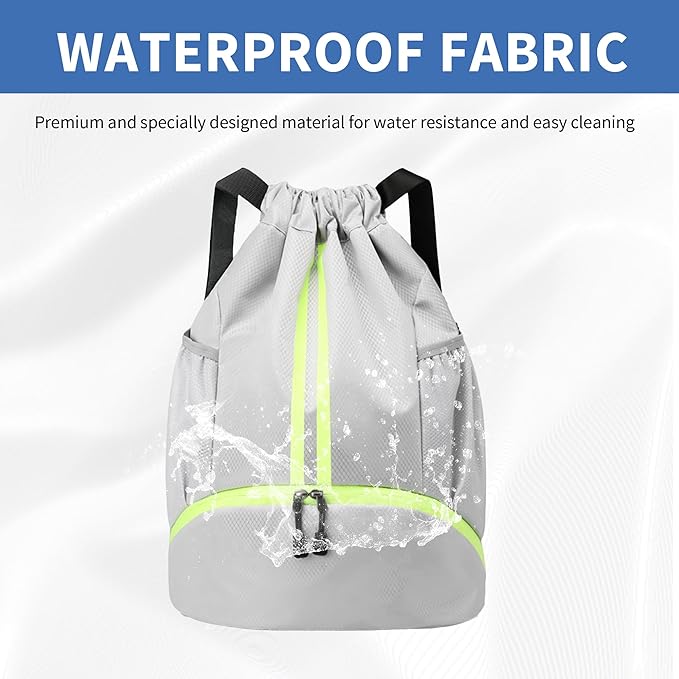 Drawstring Backpack Gym Bag with Shoes Compartment for Soccer, Basketball, Swim, Water-Resistant String Backpack Beach Cinch for Women Men, Grey, Medium
