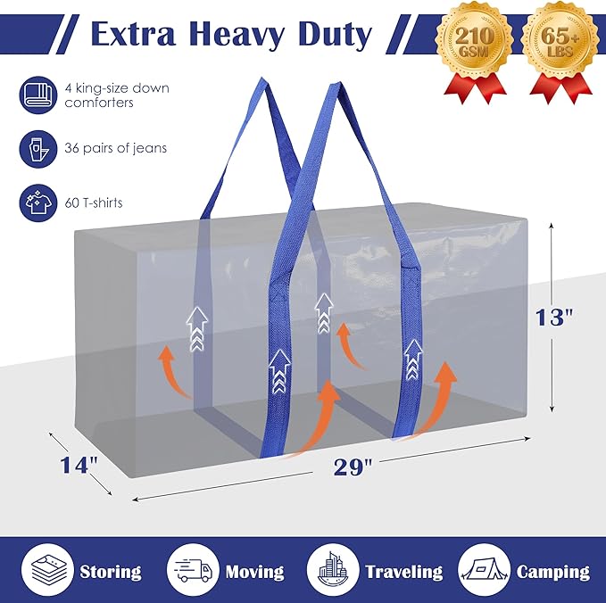 12 Pack Extra Large Heavy Duty Moving Bags with Reinforced Zipper & Wide Handles, Waterproof Storage Bins Packing Cubes for Clothes, College Dorm, Travel, and Home Organization, Blue