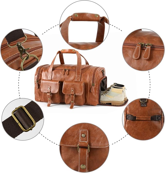 Zeroway PU Leather Travel Duffel Bag with Shoe Pouch Large Carry on Bag Waterproof Weekender Overnight Bag for Men Women Brown