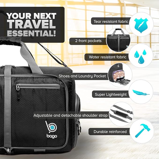 Bago Foldable Duffel Bags for Traveling Women & Men - 40L Sports Packable Duffle Bag for Travel with Shoe Compartment - Water Repellant, Heavy Duty, Lightweight Folding & Collapsible (Black)