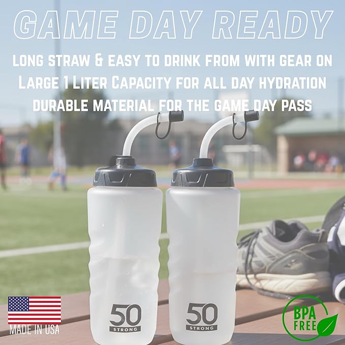 50 Strong 1 Liter Water Bottle with Straw – 2-Pack Easy-Squeeze Sports Bottles with Long Straw & Built-In Finger Grip – BPA-Free – Made in USA – Ideal for Hockey, Football, Lacrosse & Boxing