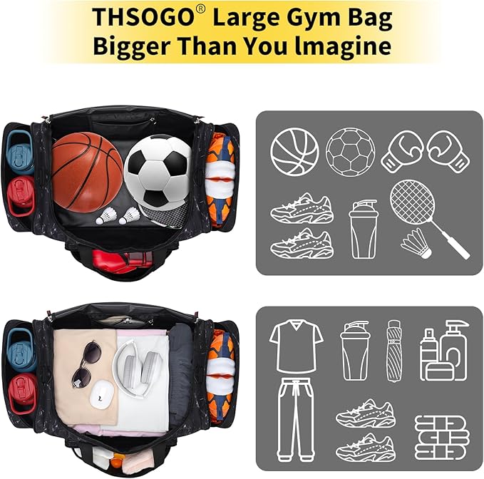 22 inch Gym Bag for Men - 55L Large Travel Duffle Bag Sports Equipment Bag with Multiple Zippered Pockets,Outdoor Workout Duffle Bag for Overnight Weekend - Marble Black