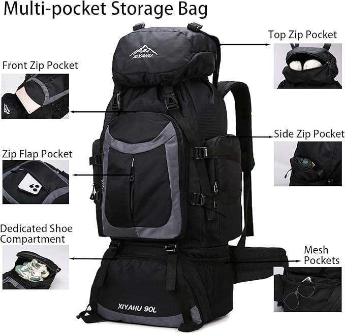 Lawaia 90L Hiking Backpacks Camping Waterproof Backpacking Travel Bag Trekking Back Pack Large Capacity Internal Frame Outdoor Daypacks Rucking Backpack Climbing Ruck Sack for Men Women-Sky Blue