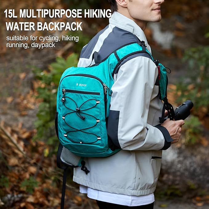 BOVIP Lightweight Hydration Back,15L Multipurpose Hiking Backpack with 1.5L Water Bladder ,Hydro Water Daypack for Cycling Hiking Rave for Men Women