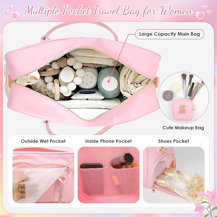 Dance Bag for Girls 2PCS Ballet Cheer Bag with Shoes Compartment Chenille Letter Embroidery for Dancer Travel Overnight bag