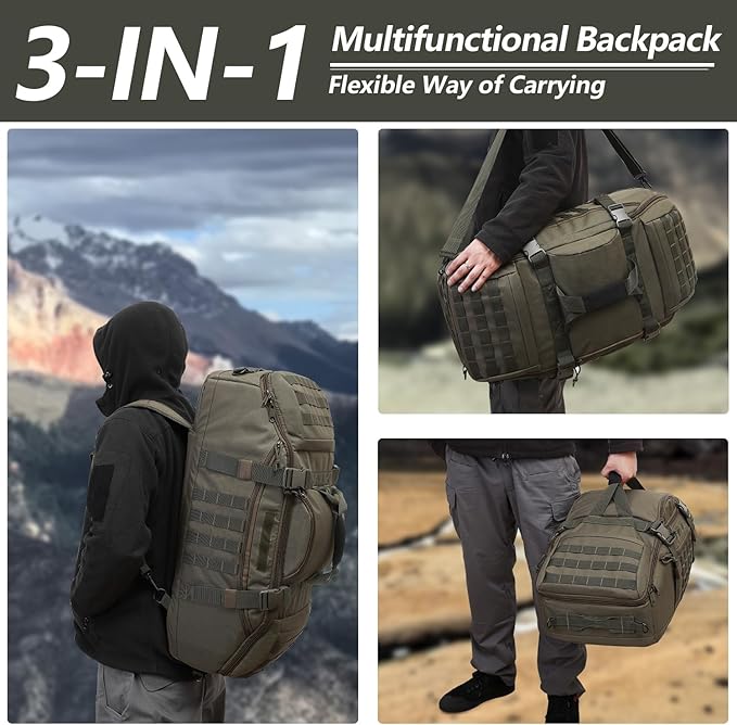 65L Large Duffle Bag, 3-in-1 Tactical Backpack MOLLE Pack for Sports, Gym, Outdoor, Olive Green